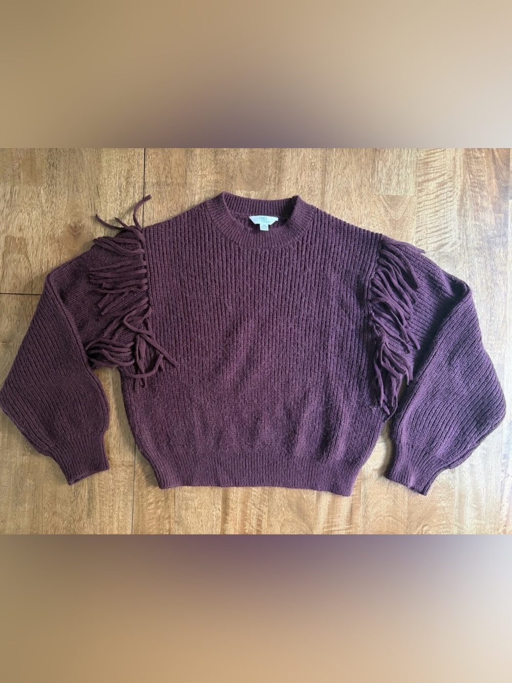 Time and Tru Cable-Knit Fringe Sleeve Sweater Dark Plum Size M